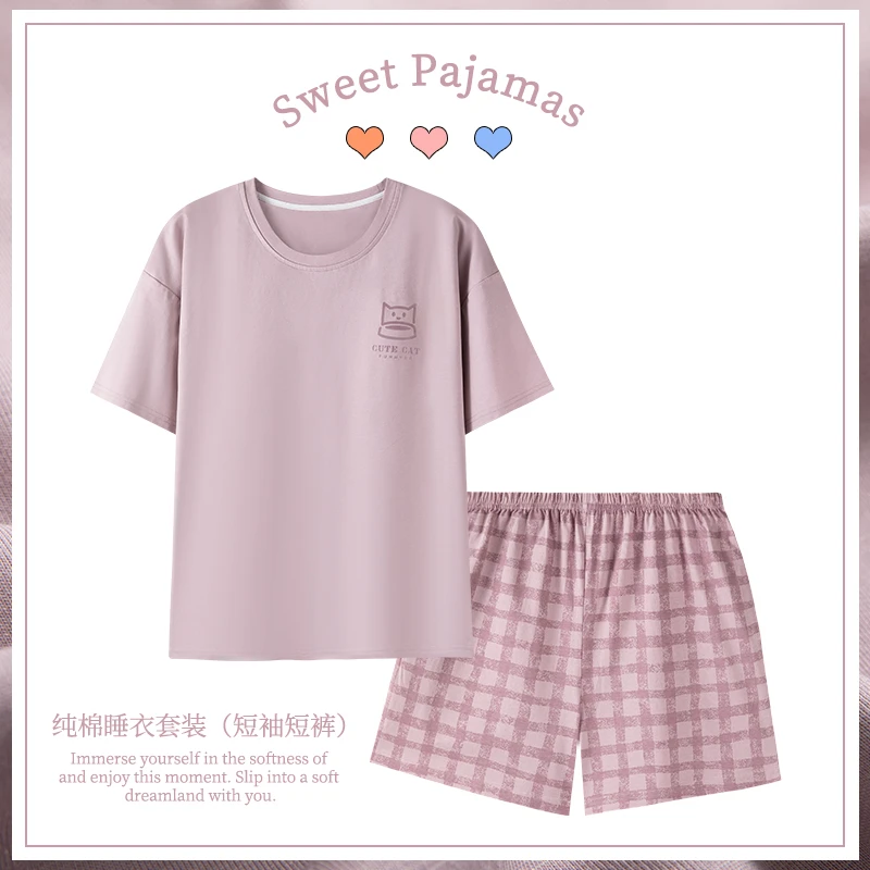 卡之恋女款纯棉睡衣夏天莫奈紫短袖短裤舒适家居服套装