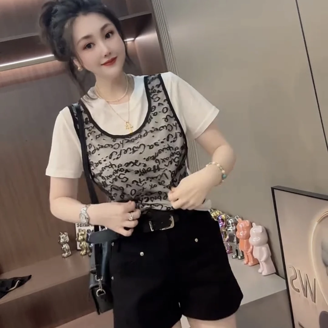 拼接常规短袖圆领渐变宽松型T恤显瘦蕾丝针织百搭