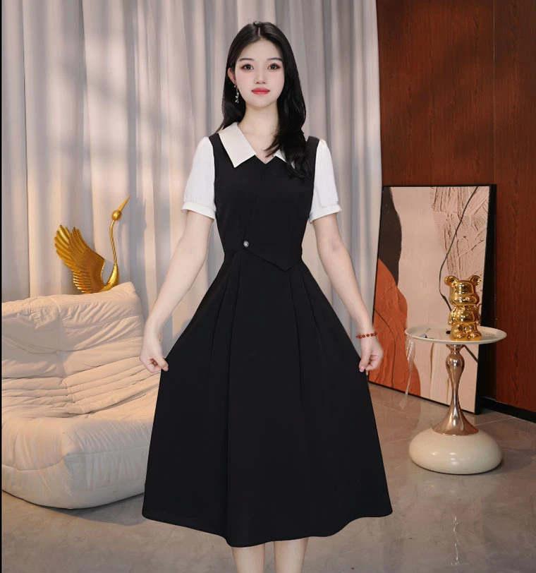 连衣裙显瘦气质小黑裙夏季法式收腰赫本风连衣裙显瘦气质小黑裙