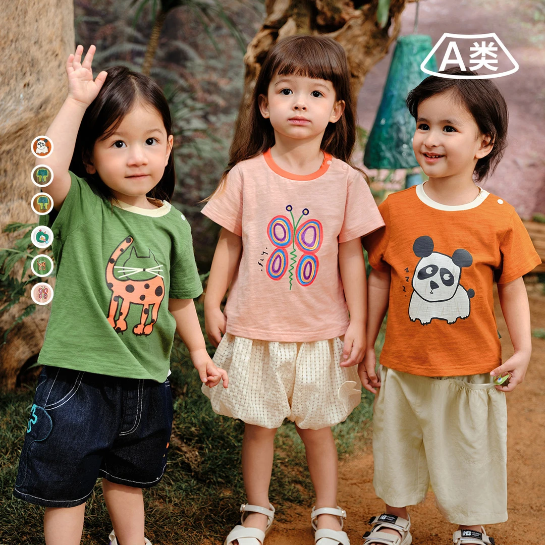 童装2025夏季新款短袖T恤男女童卡通印花撞色圆领上衣可爱棉夏装