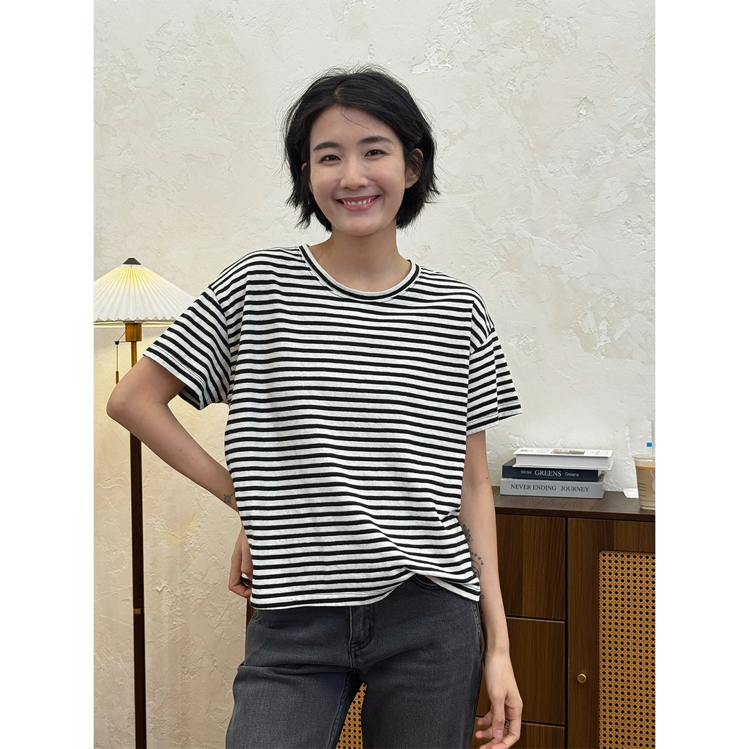 LANGQING 棉麻混纺条纹透气舒适休闲T恤46046#