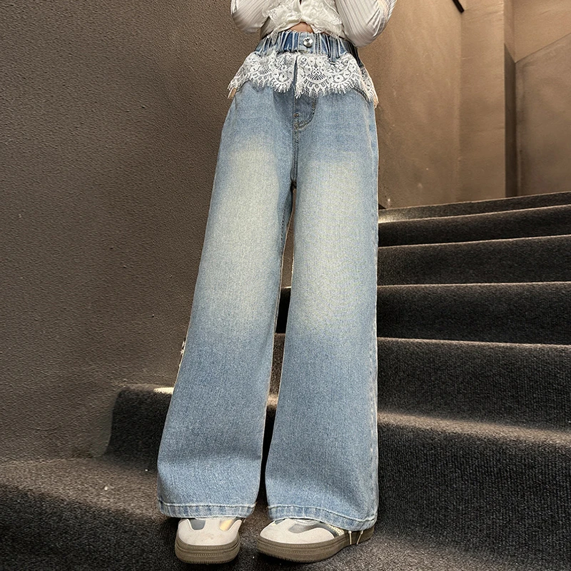 女童蕾丝拼接腰头阔腿裤甜系洋气2025春装新款中大童女孩牛仔裤潮