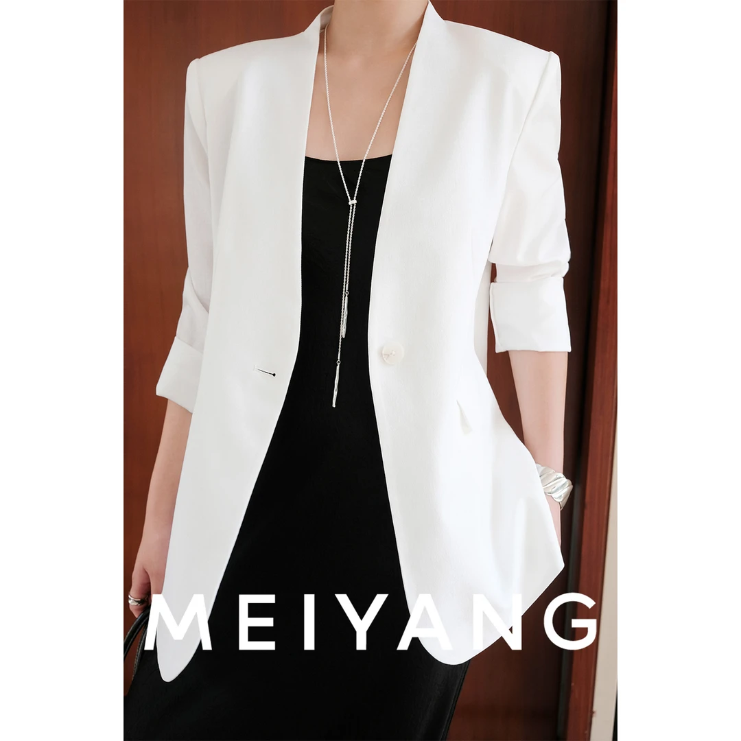 A美洋MEIYANG【商场同款】白珍珠西装 通勤无领垫肩西服外套-周一