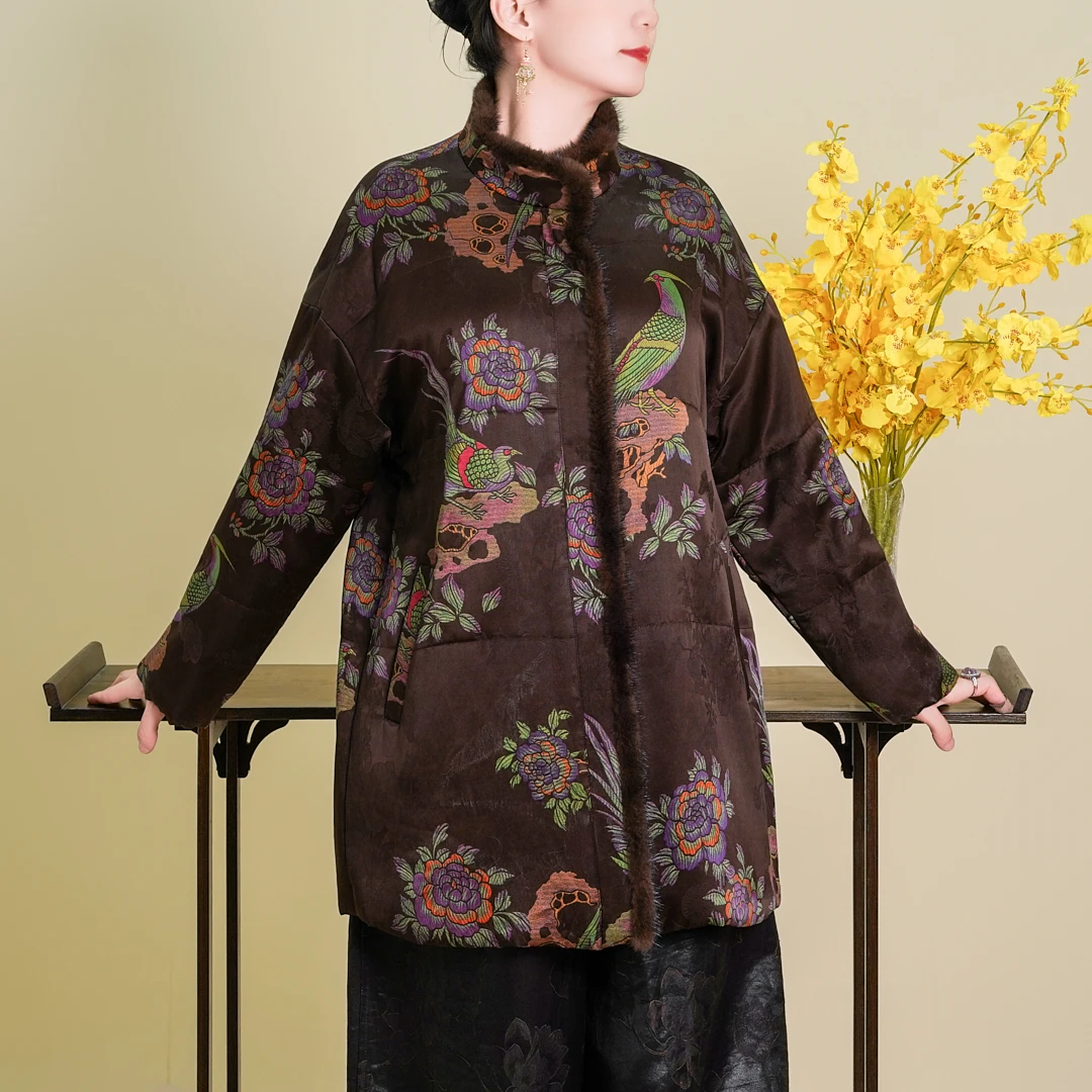 【翠鸟】2025新款香云纱中式秋冬厚款休闲时尚水貂毛驼绒服