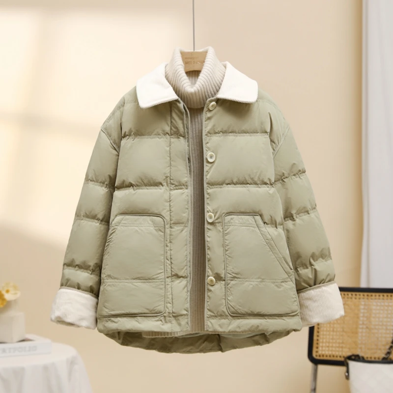 羽绒服女短款2025新款爆款韩国东大门灯芯绒时尚撞色翻领面包服潮