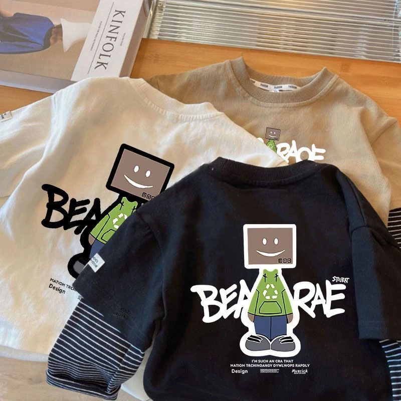 纯棉T恤长袖假两件2025新款儿童打底衫男童春秋装宝宝上衣外穿潮