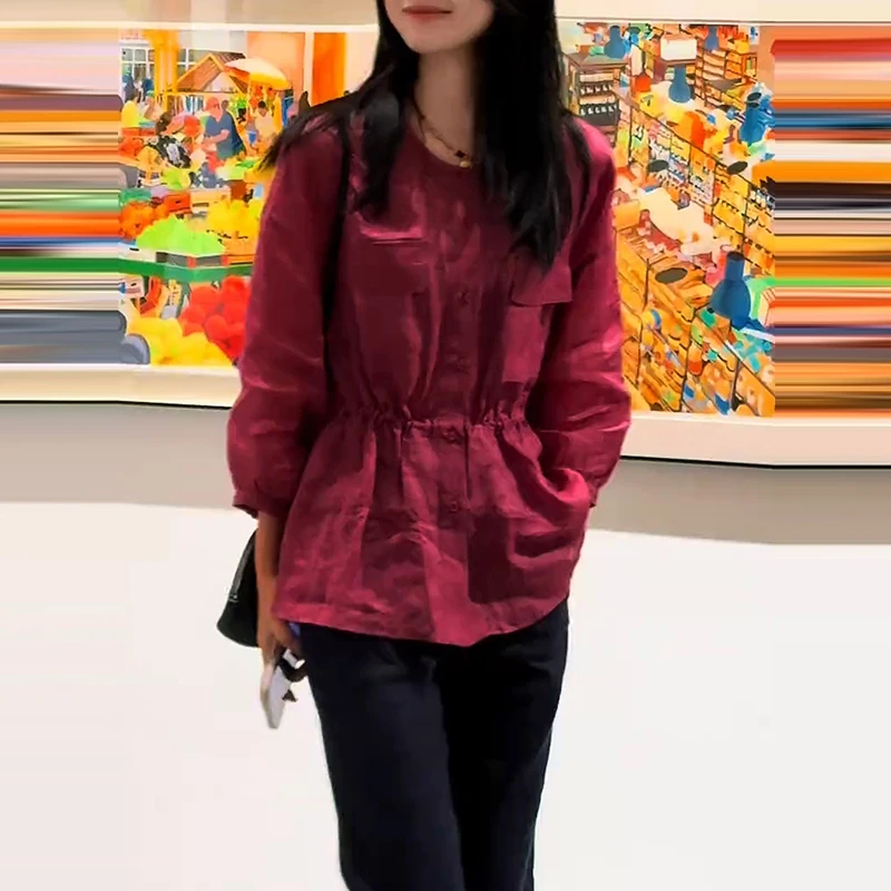 春夏新款气质衬衫女简约通勤高级感圆领长袖防晒衬衣显瘦时髦上衣