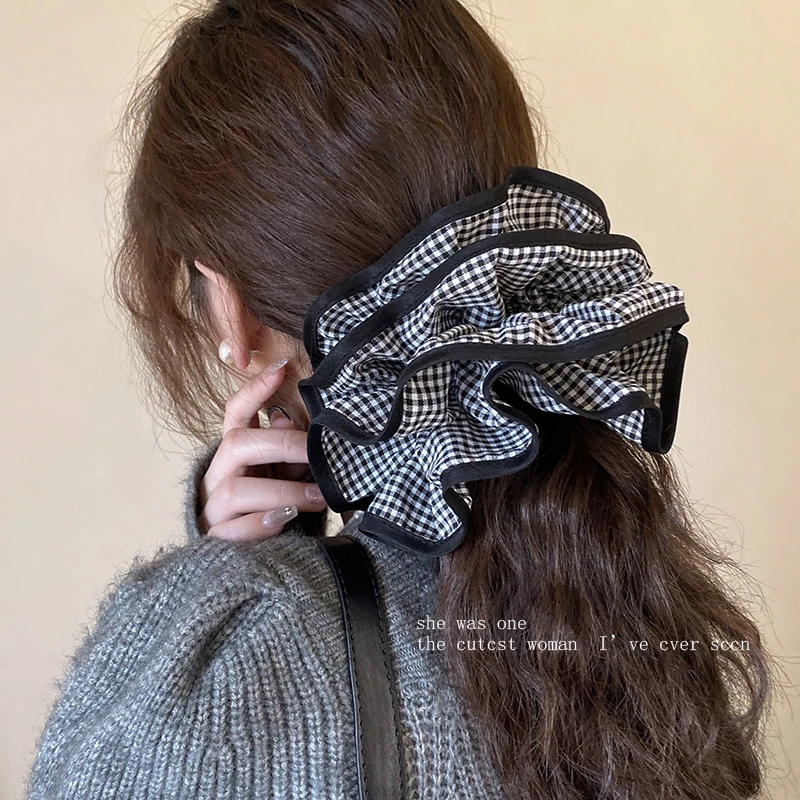 韩系双层褶皱黑白格纹大肠发圈女温柔ins风发绳法式布艺头绳发饰