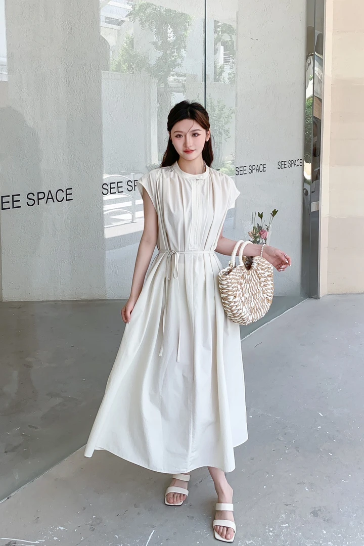 夏季新款无袖系带收腰纯色百搭显瘦中长款气质A字连衣裙