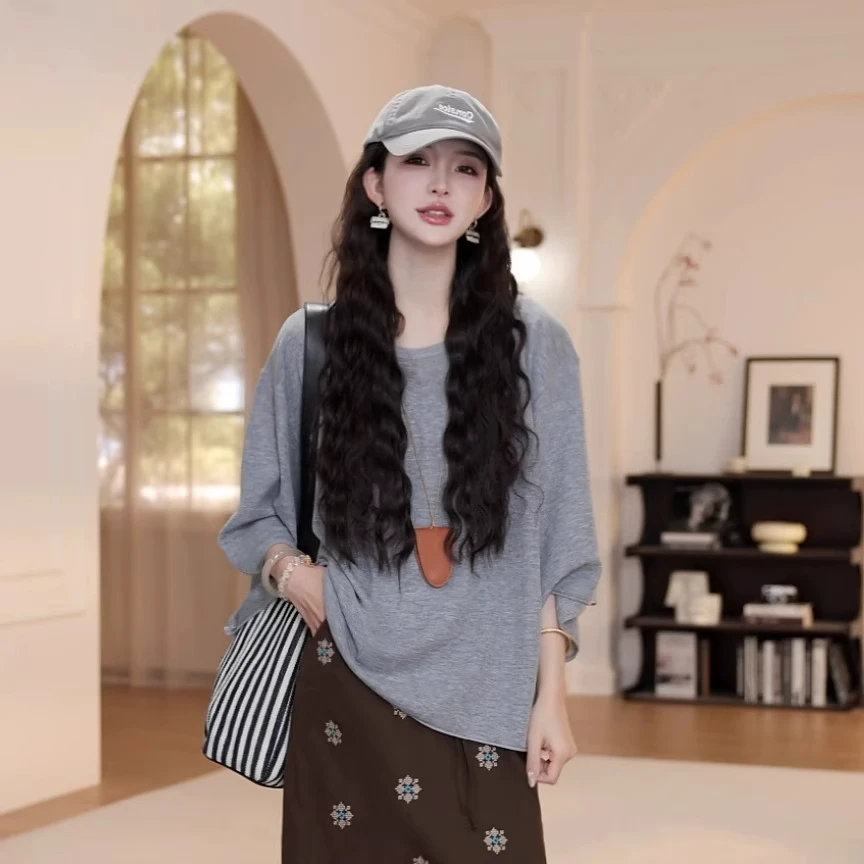 夏季薄款百搭纯色蝙蝠袖短袖T恤女2025新款宽松七分袖圆领上衣