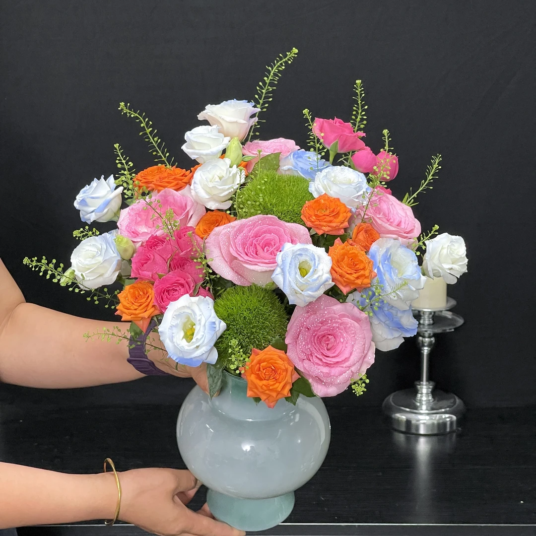 【原创多肥胺色系·撞色混搭】5支洛神2支绿毛球3支芭比2支苏菲15朵白桔梗 送绿色配草 家居生活鲜花花材插花瓶