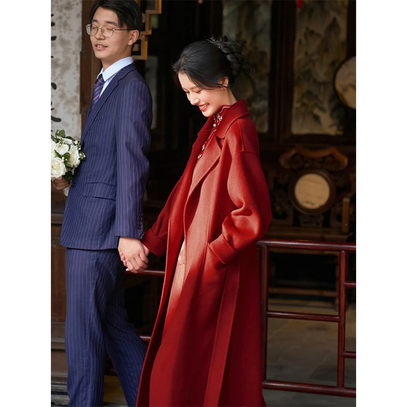 时光裁剪千晨红色呢大衣女结气质中长款秋冬小个子毛呢外套