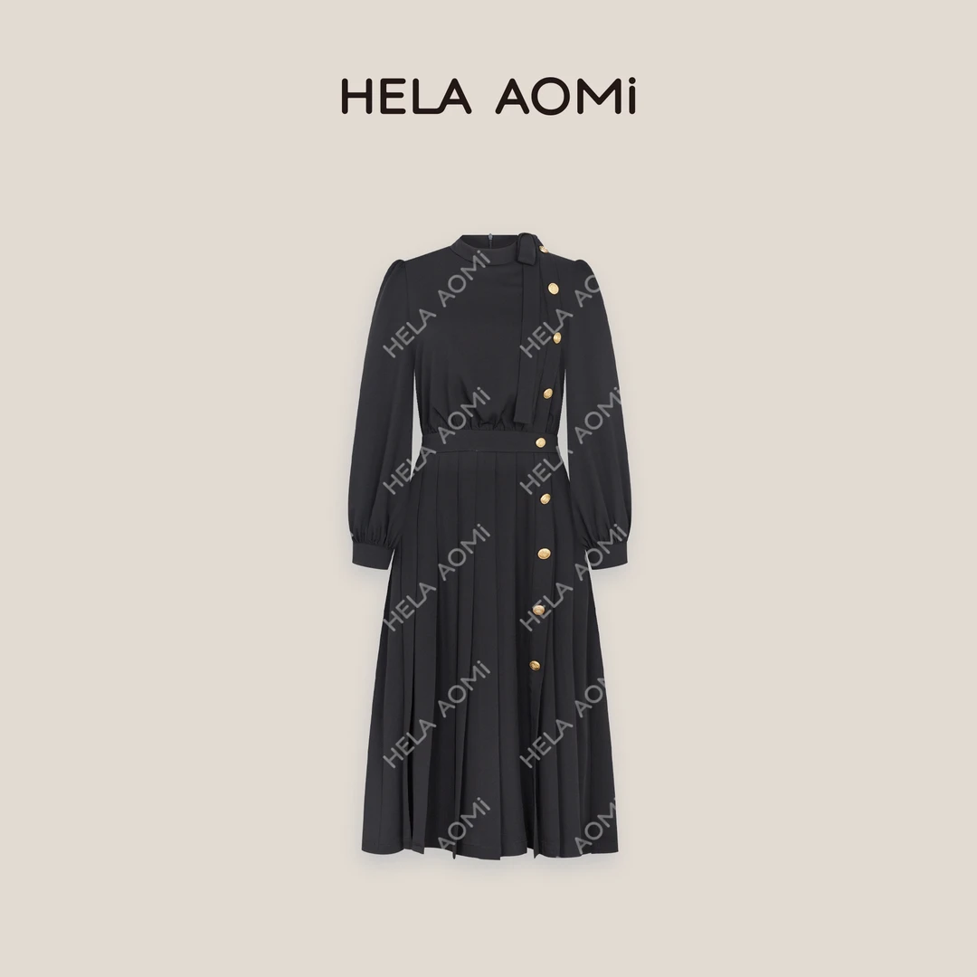 HELAAOMI “经典赫拉”金扣圆领拼接飘带中长裙连衣裙