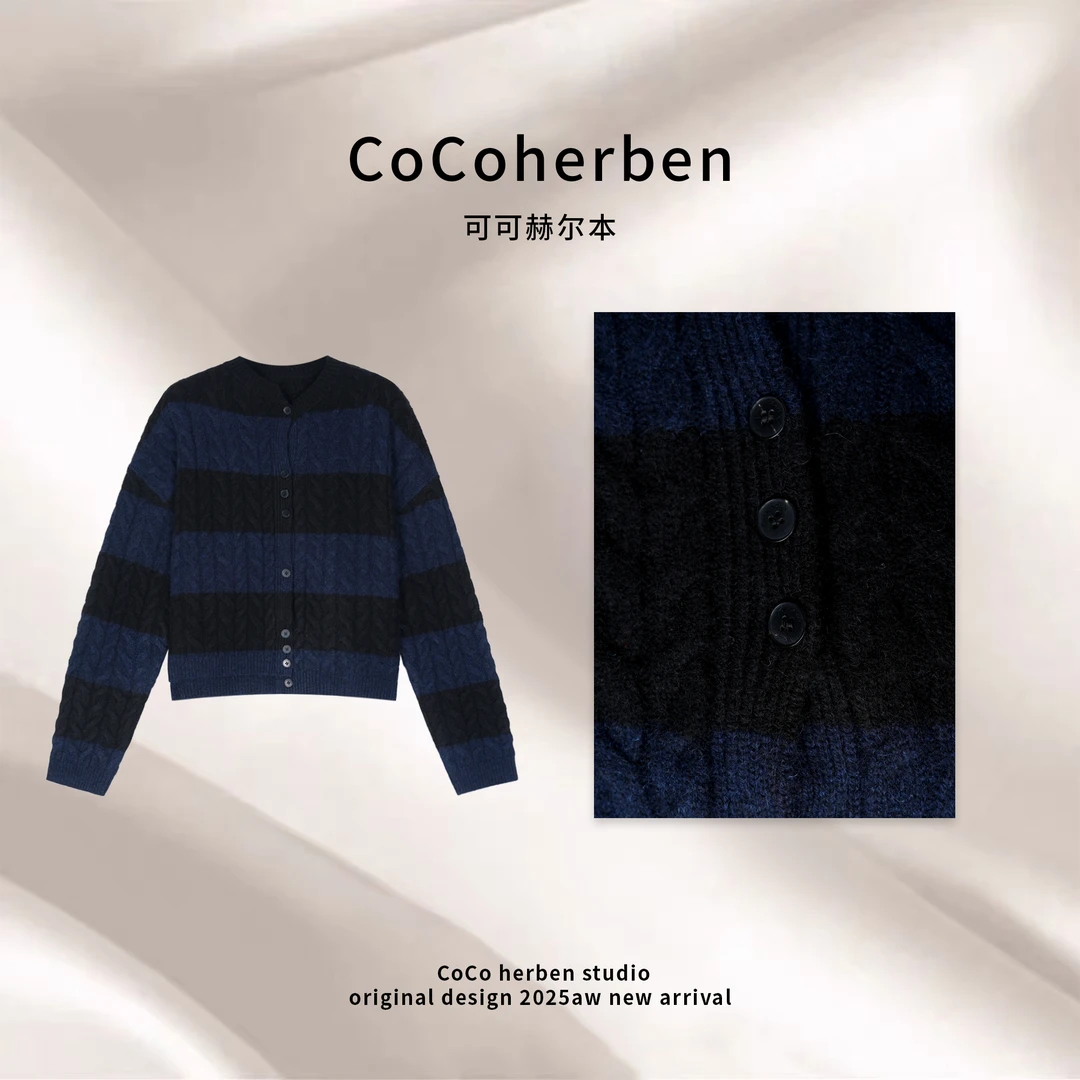 CocoHerben秋冬新款蓝色毛针织衫撞色针织衫格纹圆领女毛衣HBA278
