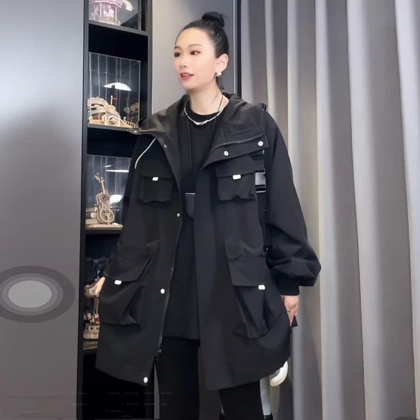 春秋外套女情侣韩版宽松工装休闲连帽中长款风衣潮流时尚口袋百搭