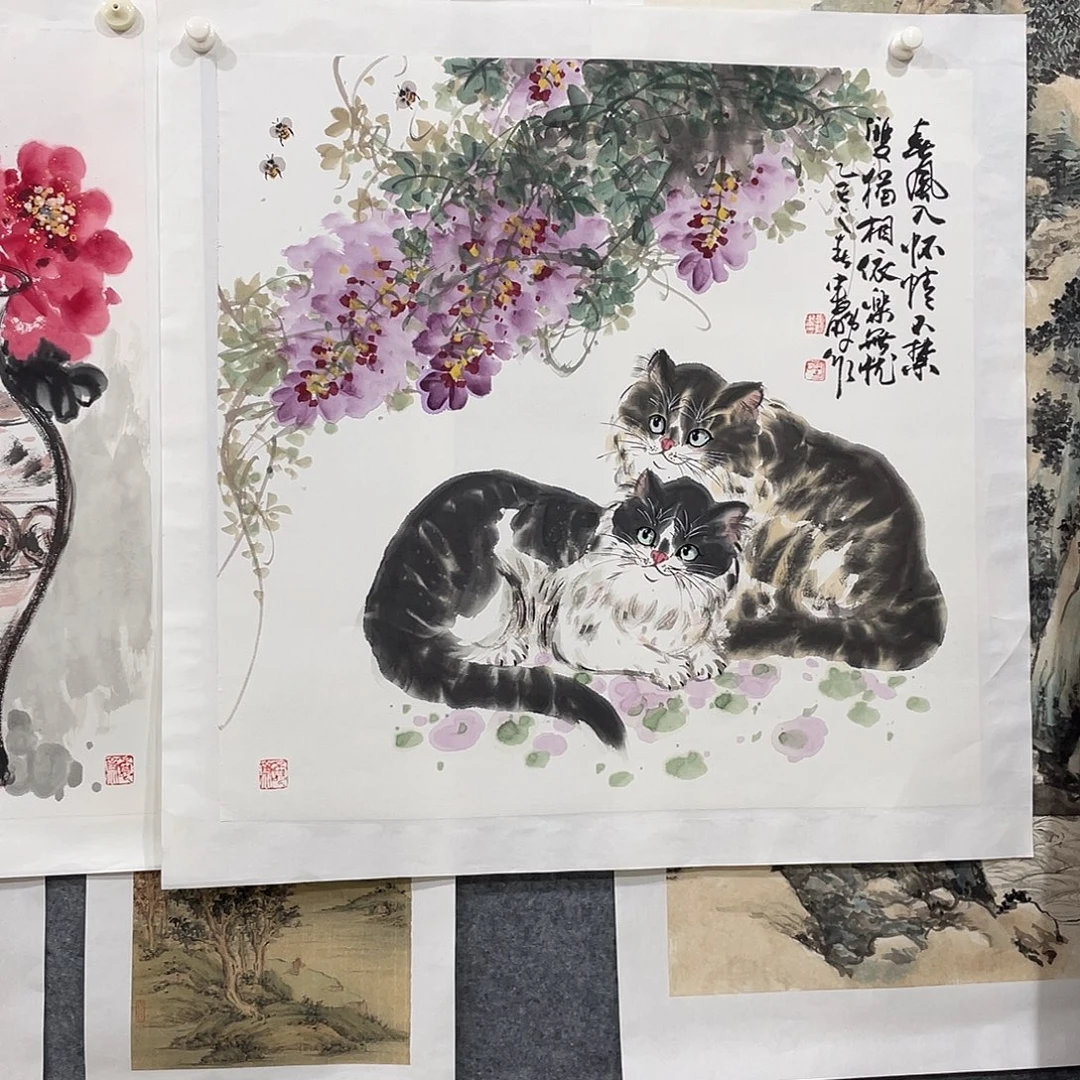 小***界书法写意国画紫藤猫