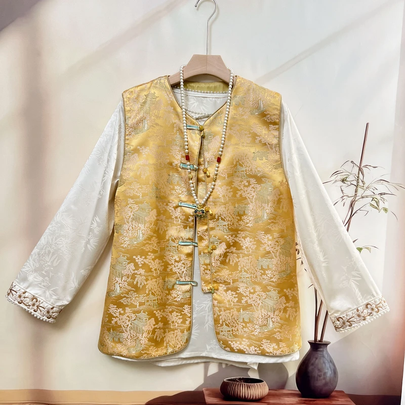 2025复古时尚中国风网红大码女装新中式盘扣圆领+提花马甲