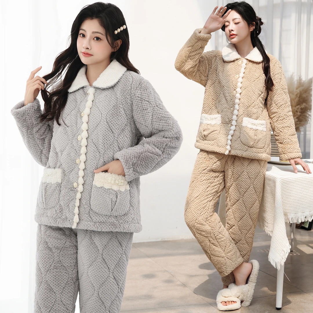 睡衣女冬季三层夹棉加厚保暖加绒居家服适穿温度穿温度(-5℃~10℃)