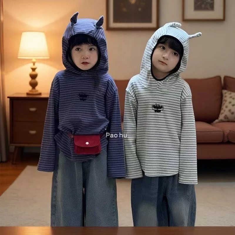 秋季2025原创公主风新款条纹带帽卫衣男女童时尚爆款可爱学院风