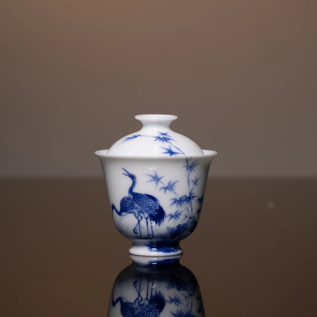 【小乔赏瓷】景德镇手工手绘画堂春 竹鹤两才盖碗（htc436）