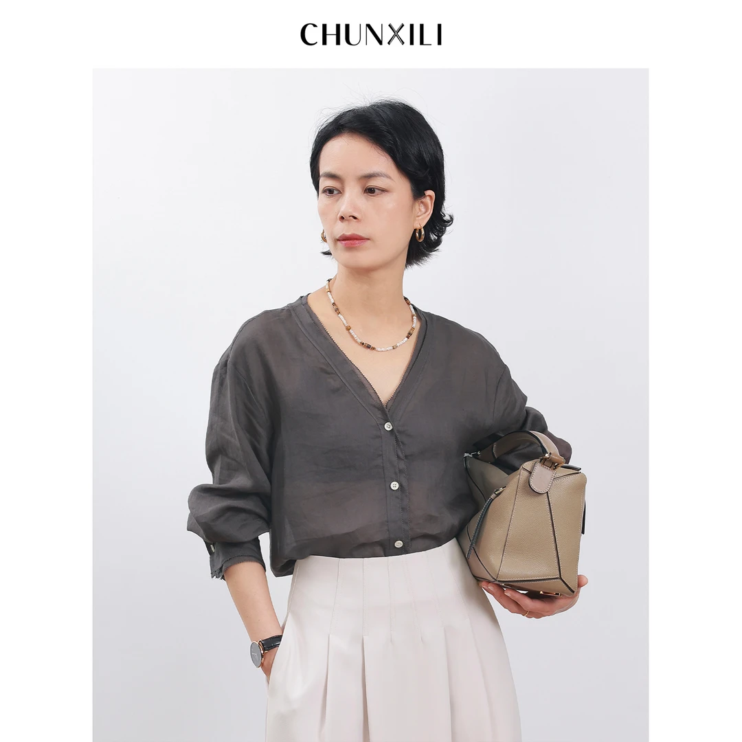 【ins风】CHUNXILI/春熙里 小众设计感V领长袖衬衫D00C51012