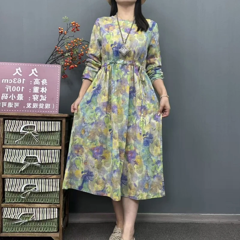 8900【夏芙娜】春秋款新品圆领新款油画抽绳长袖连衣裙遮肉显瘦