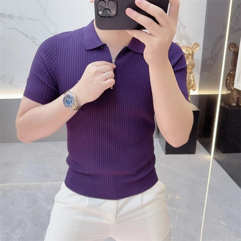 2025欧货轻奢男士针织冰丝短袖T恤男POLO衫纯色百搭夏季上衣6506