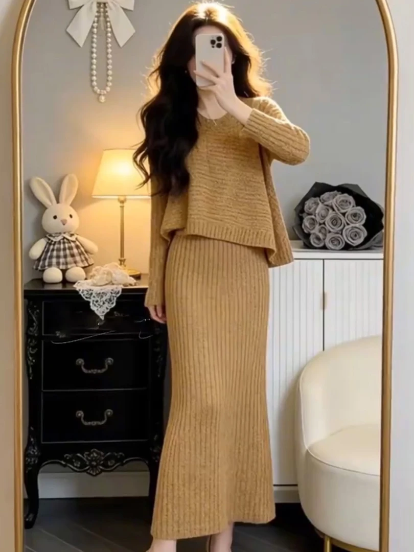 大码胖mm小香风时尚毛衣长裙套装女装秋冬季高级感针织上衣半身裙