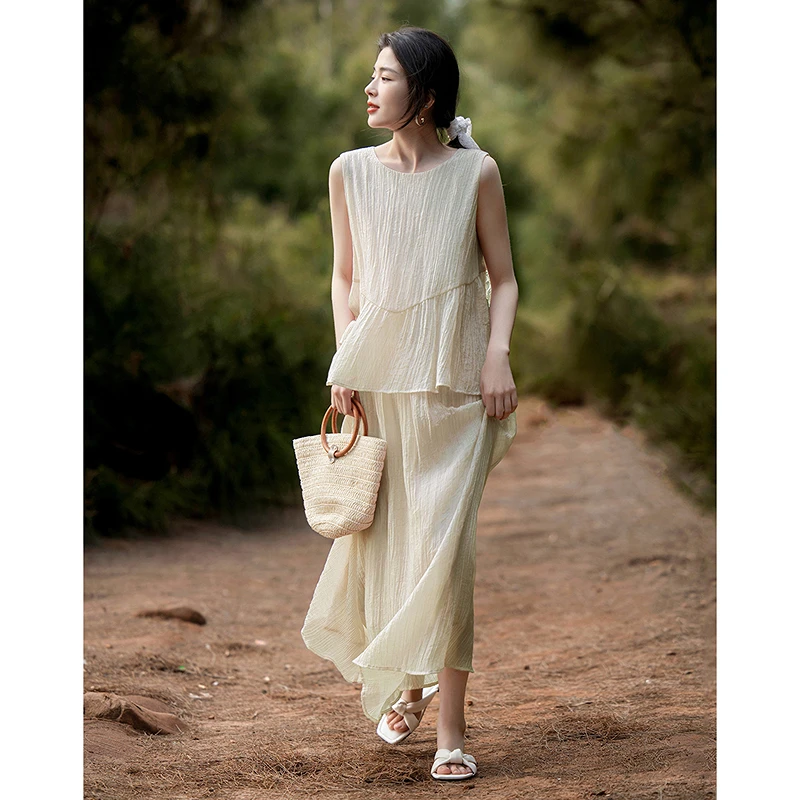 女装品牌店德·玛纳含自然风亚麻设计假两件无袖露肩水滴扣连衣裙