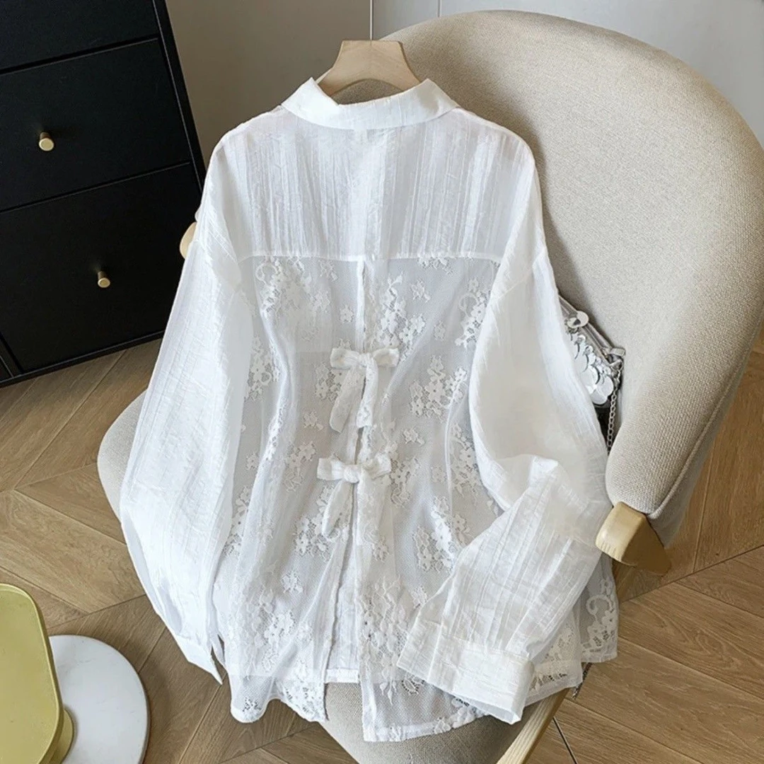 白色衬衫女夏季新款爆款外套法式上衣气质防晒蕾丝长袖温柔风衬衣