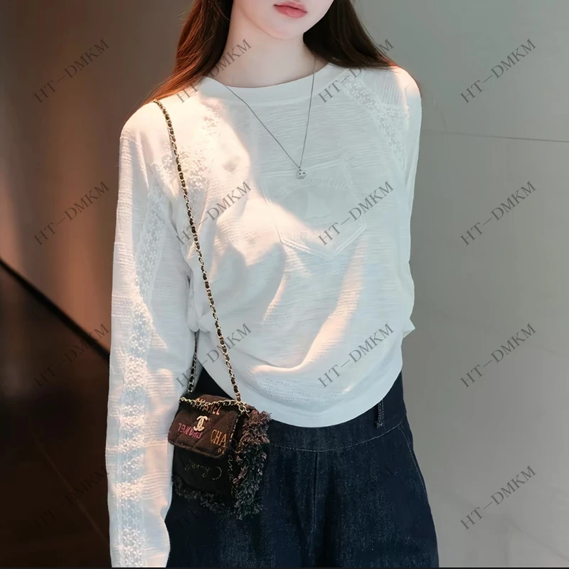2025秋季新款设计感拼接花边蕾丝白色长袖T恤女内搭单穿时尚减龄