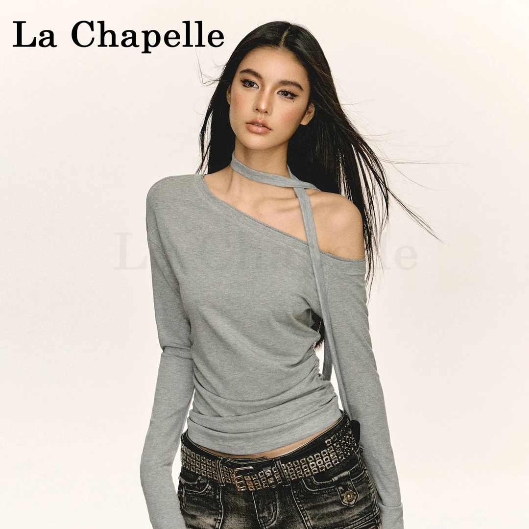 拉夏贝尔美式复古设计感斜肩长袖T恤女春季新款露肩修身打底上衣