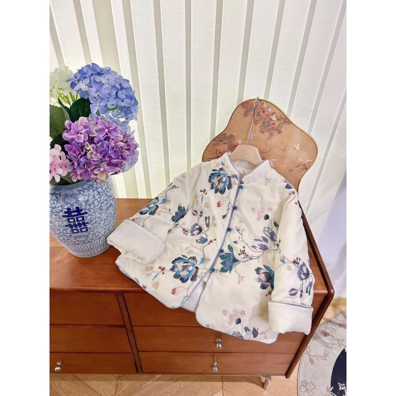 【CCM】冬季新款女童时尚洋气重工刺绣丝绒羽绒服国风白鸭绒外套女