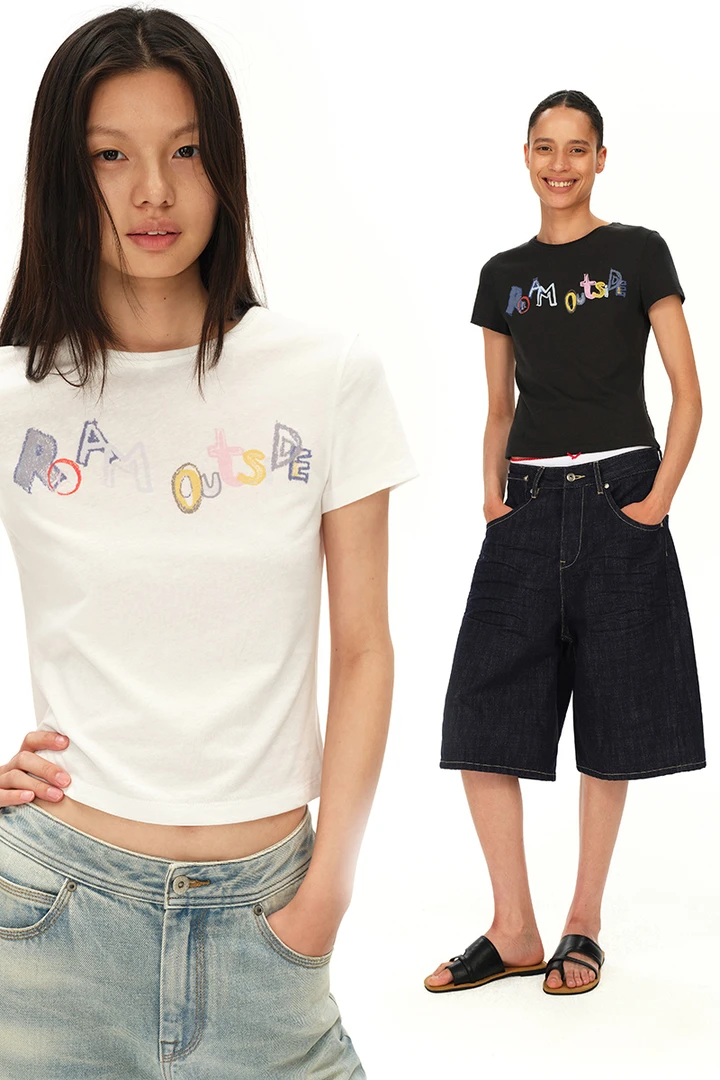 SMIIILE童趣字母印花圆领正肩短袖t恤女夏季透气合身白色上衣小衫