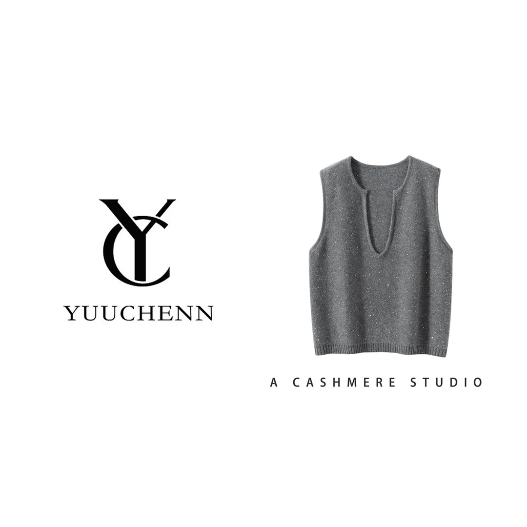 YUUCHENN珠片纱剪刀领叠穿羊绒马甲5098