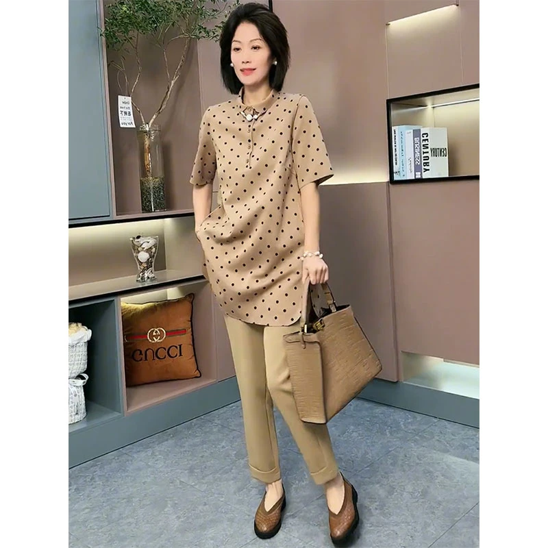 时尚休闲套装女欧洲站2025夏季新款Polo领波点中长款上衣百搭裤子