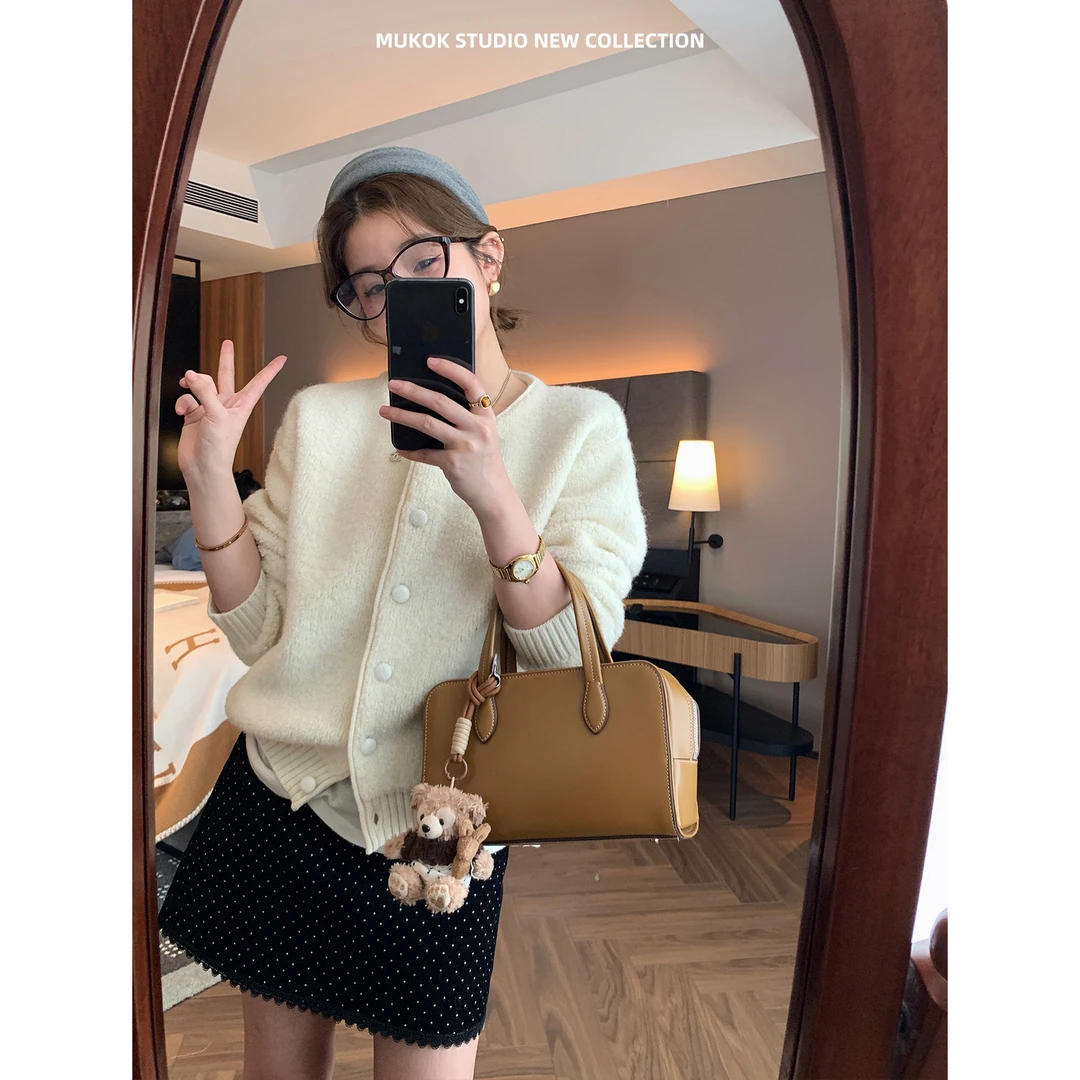 MUKOK 100%羊毛重工毛圈肌理纯色针织开衫小个子短款毛衣外套女