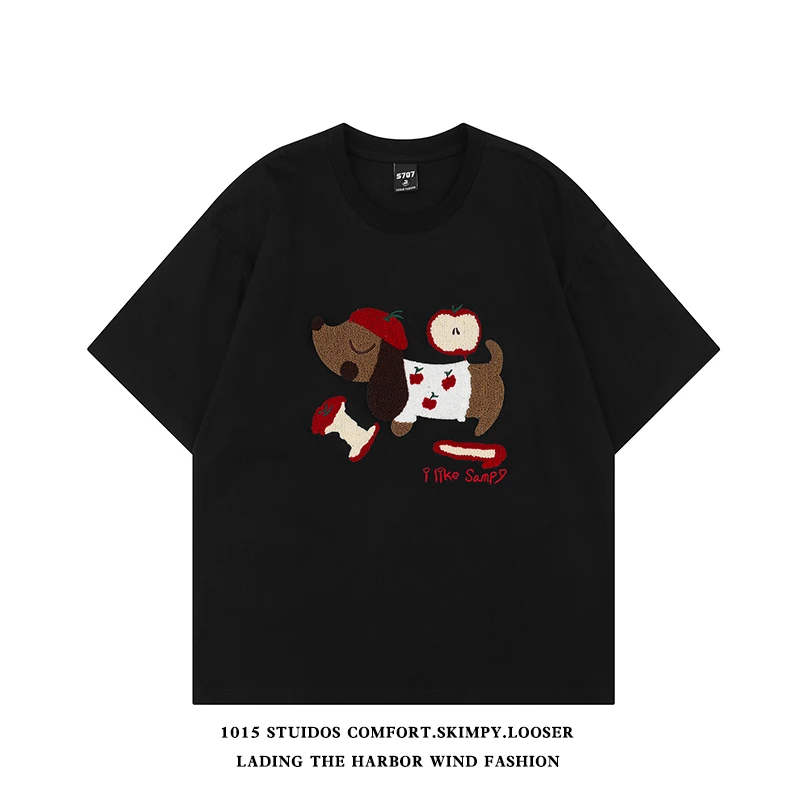 新款重磅腊肠狗刺绣短袖t恤男女夏季美式潮牌宽松半袖圆领体恤衫