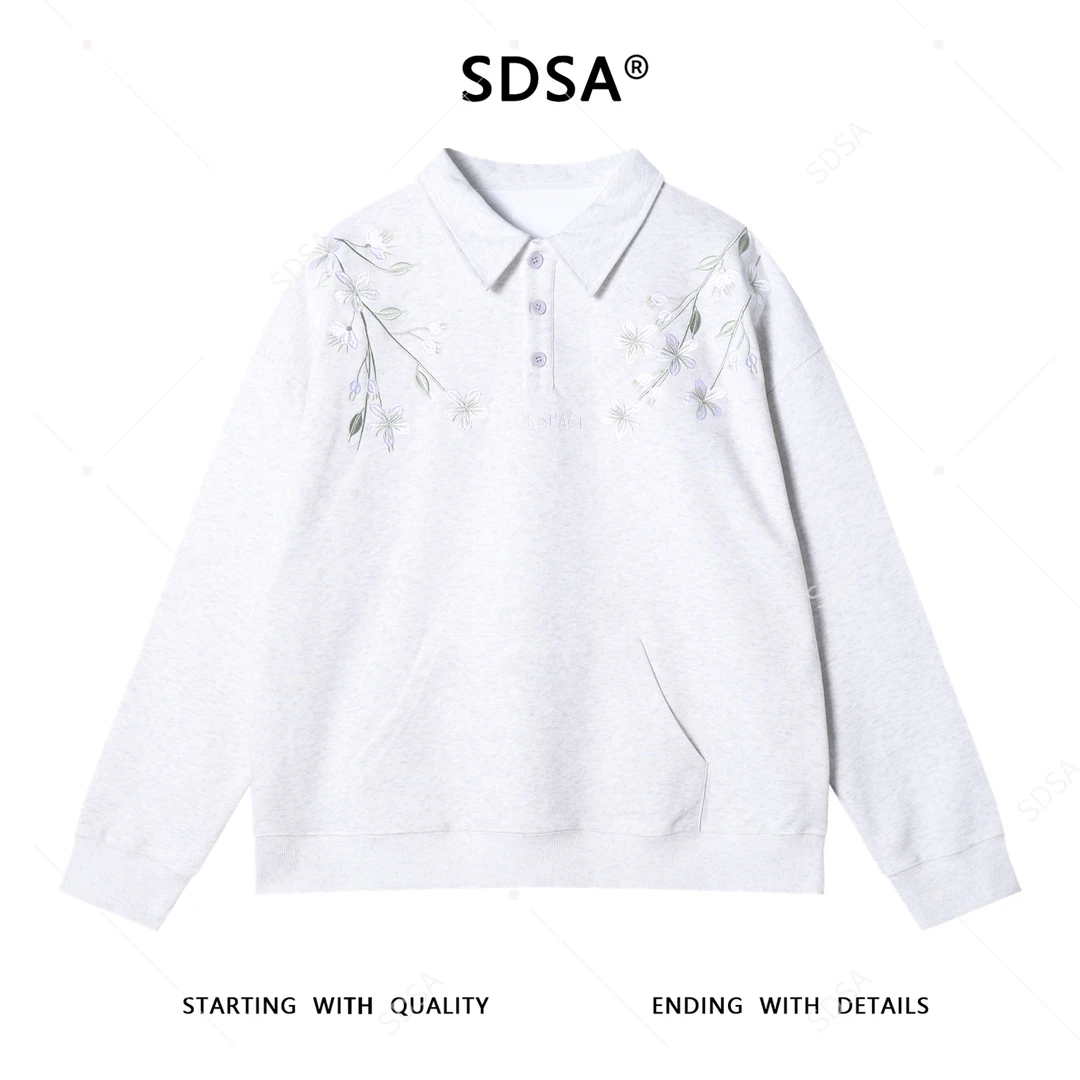 SDSA男士秋冬新款痞帅男装潮牌简约刺绣花卉polo领卫衣百搭时尚