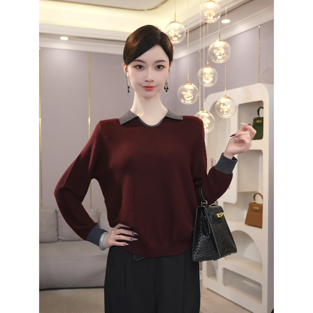 2026年秋冬新款【7906】含绵羊毛套头红色烫钻打底外穿针织衫上衣女