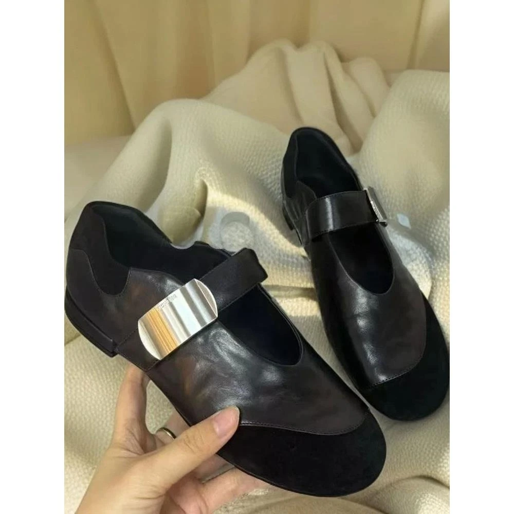 羊皮版~2025新款复古风圆头平跟魔术贴防滑浅口舒适圆头单鞋女款