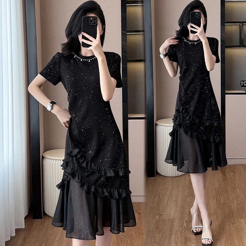 网红高级感卫衣连衣裙夏季显瘦设计感荷叶边拼接法式气质长裙