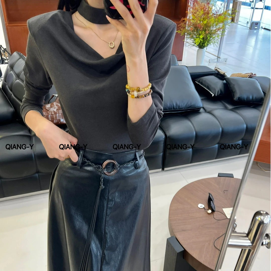 百搭长袖圆领秋季T恤修身型荡领时尚抗皱短款设计感201