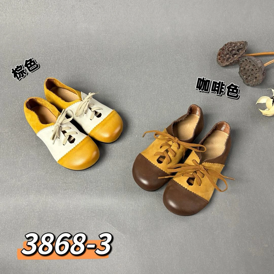 3868-3春季拼色系带圆头一脚蹬单鞋凉鞋皮鞋包头平底休闲