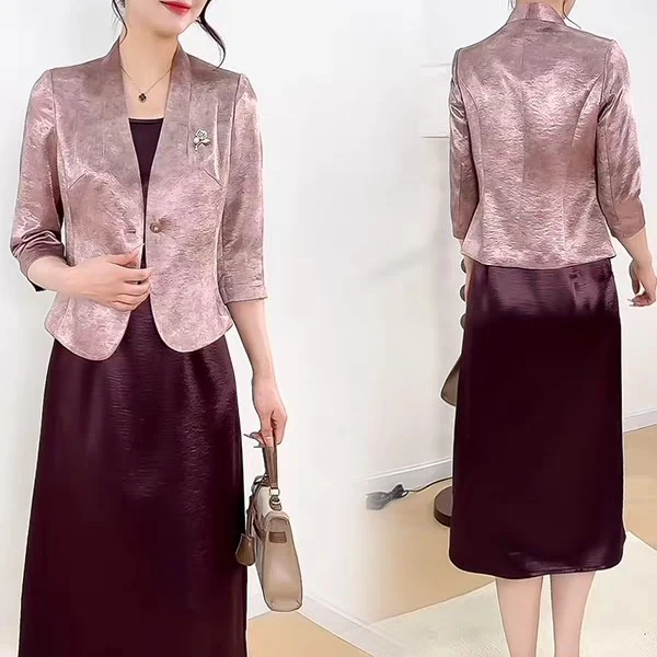 高端女装套裙缎面西服连衣裙两件套光泽质感七分袖西装外套胸针