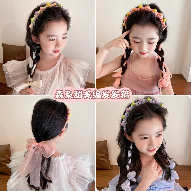 儿童气质球球飘带发箍女童可爱发带丝巾可编发带齿头箍小女孩发饰