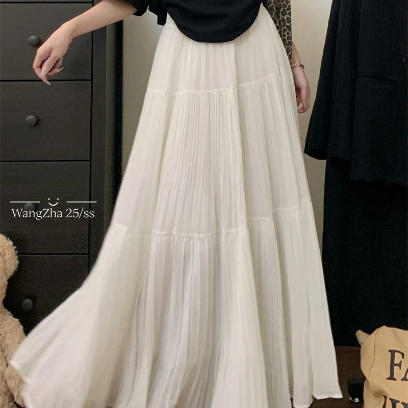 【店铺】压褶拼接大摆高腰半身裙女春季2025新款A字显瘦温柔