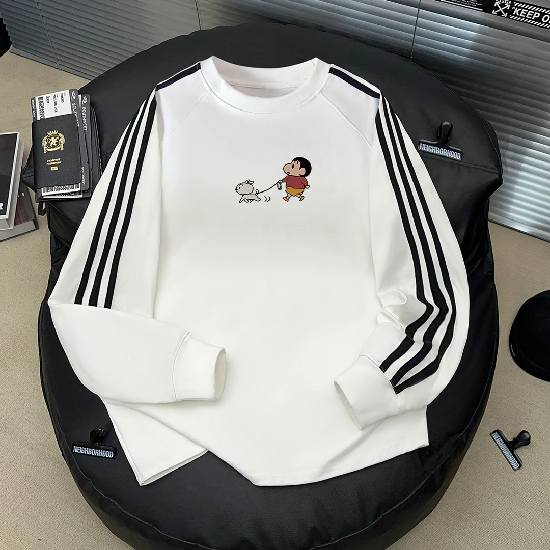 美式简约蜡笔小新印花三条杠长袖T恤男女秋冬季休闲宽松纯棉上衣