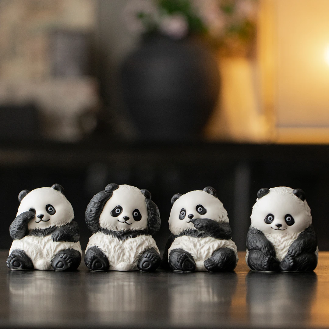 陶瓷四不小熊猫茶宠国潮萌趣可爱茶桌茶台装饰精品小摆件茶具配件