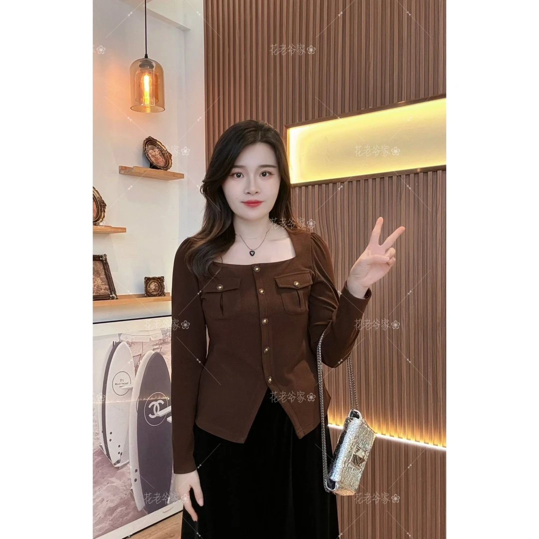 【仅上衣】花老爷微胖大码女装法式领设计款上衣T恤HLY3633